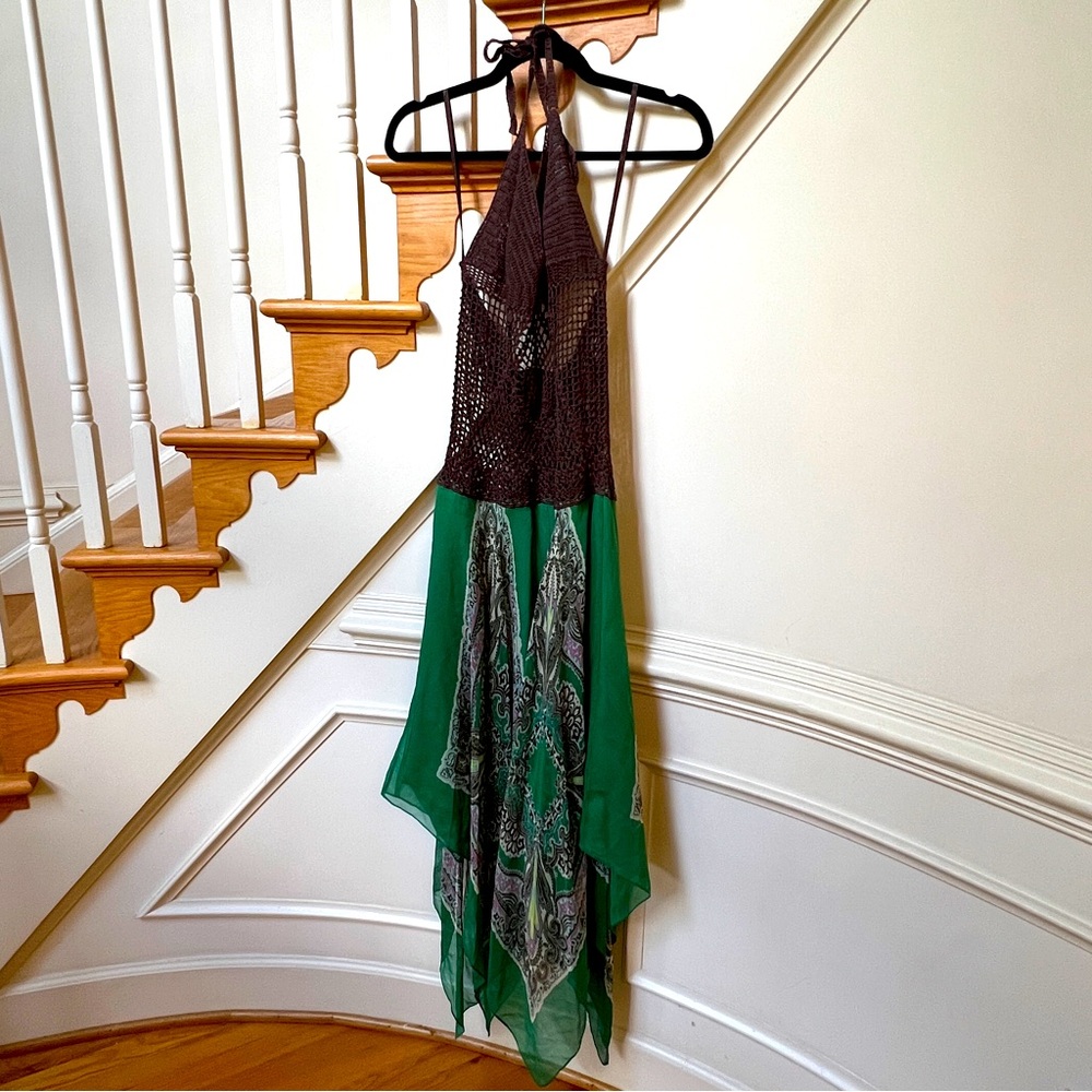BCBG Brown Croquet & Green Handkerchief Dress (M) 🍂💚